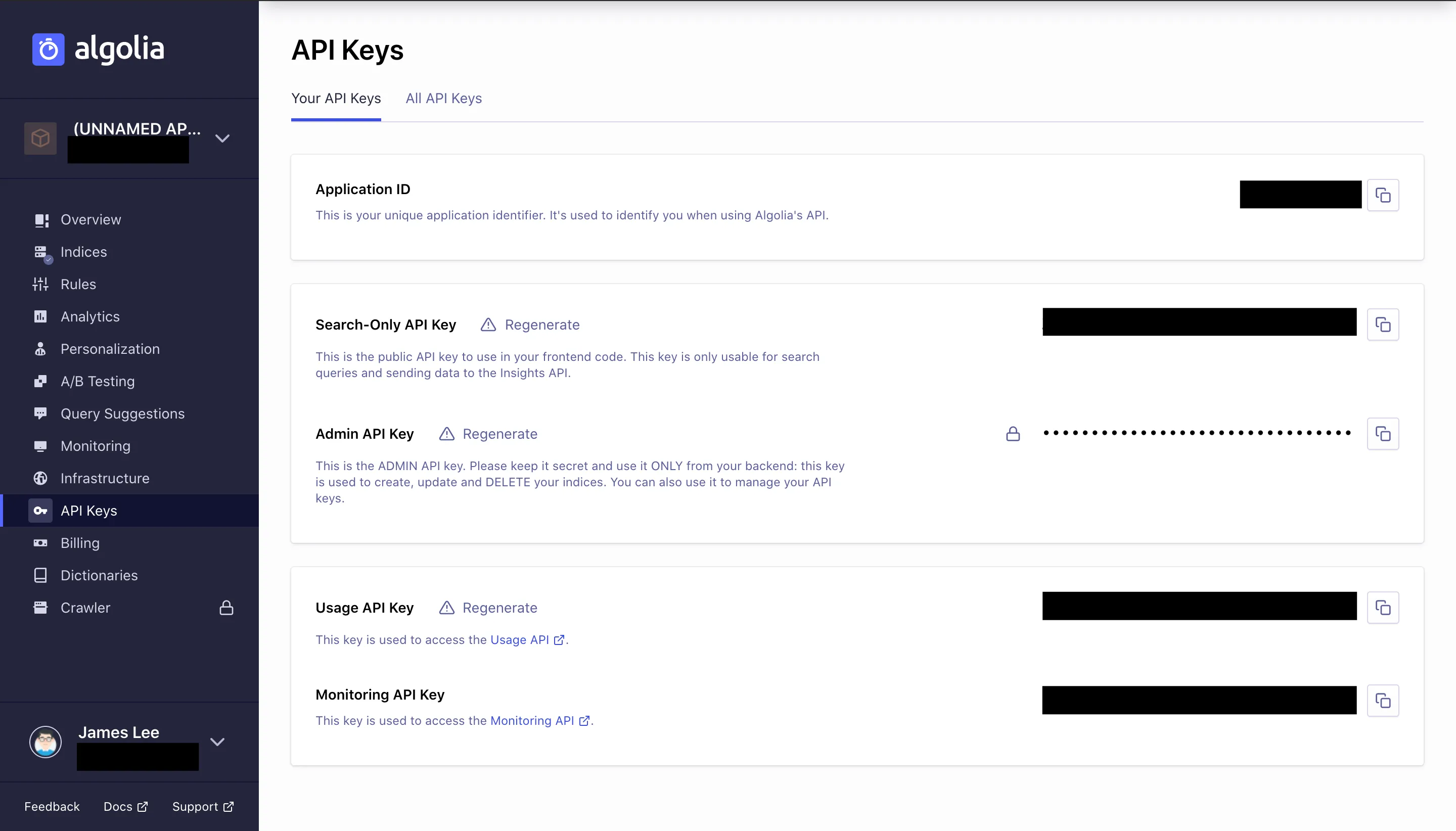 Algolia Dashboard API Keys