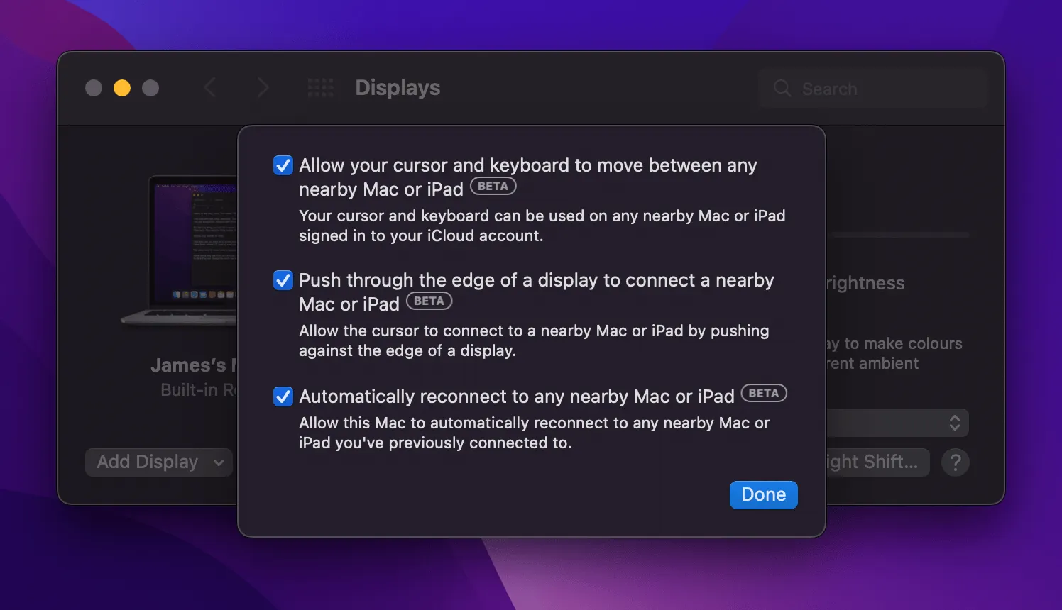 Universal Control settings checkboxes in macOS System Preferences