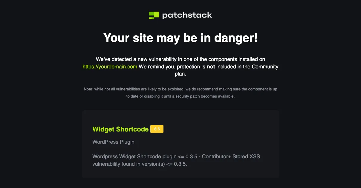 Patchstack email alert notifying about a vulnerable WordPress plugin