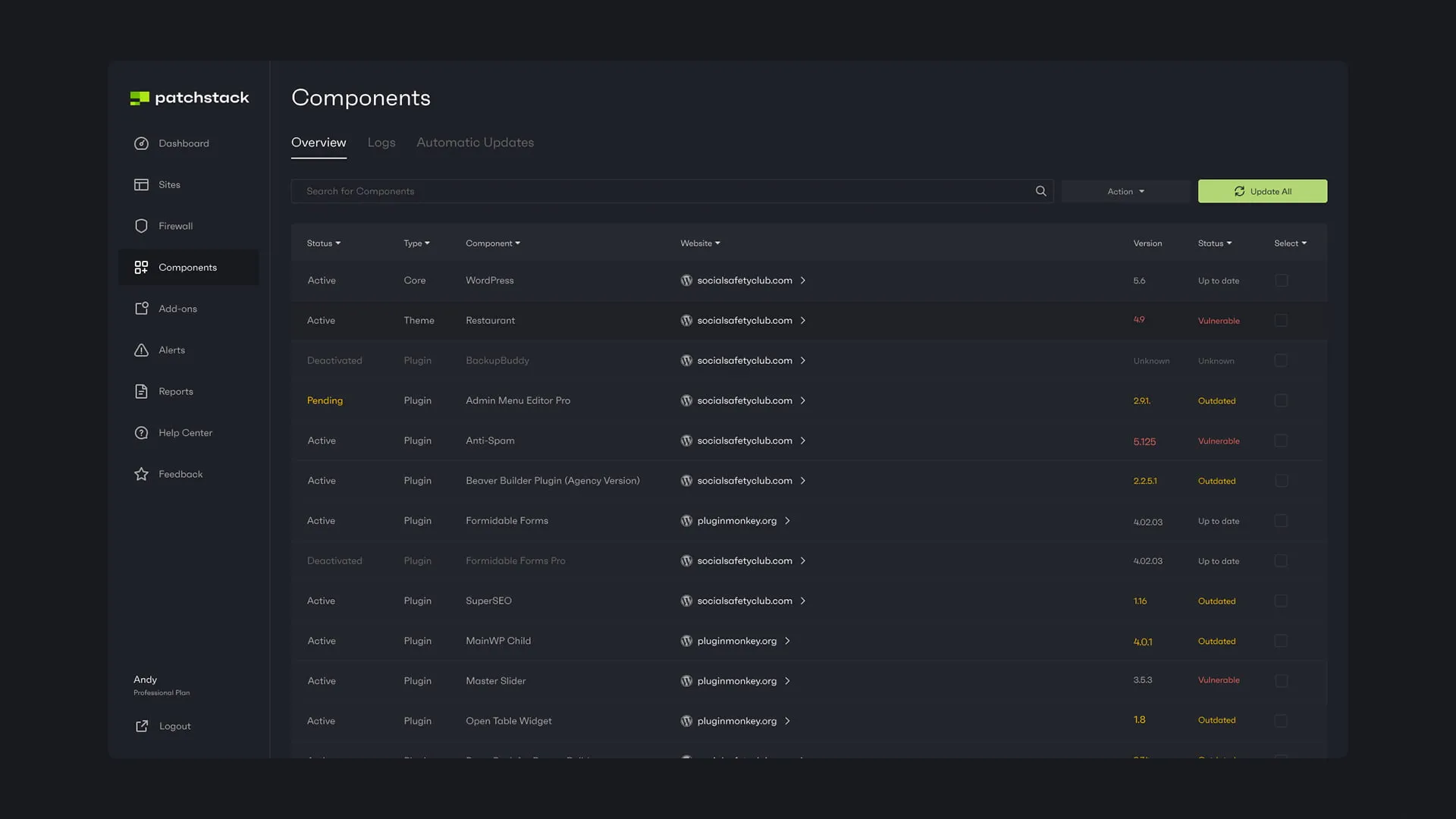 Patchstack dashboard showing installed plugins and their vulnerability status