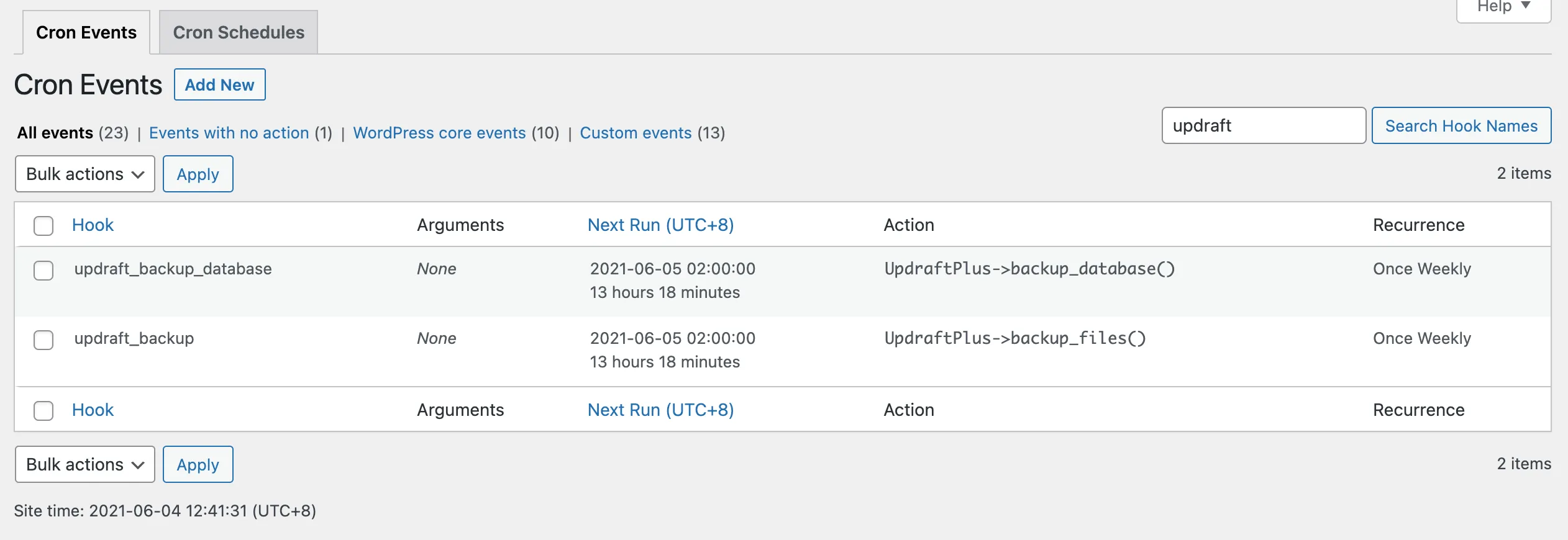 WP Crontrol with UpdraftPlus backup events rescheduled to 2:00 AM