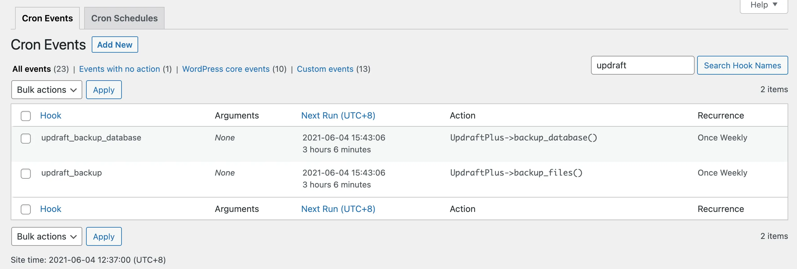 WP Crontrol showing UpdraftPlus backup events scheduled at 3:43 PM