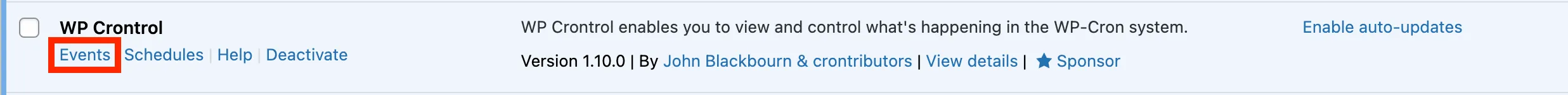 WP Crontrol events list showing all scheduled WordPress cron jobs